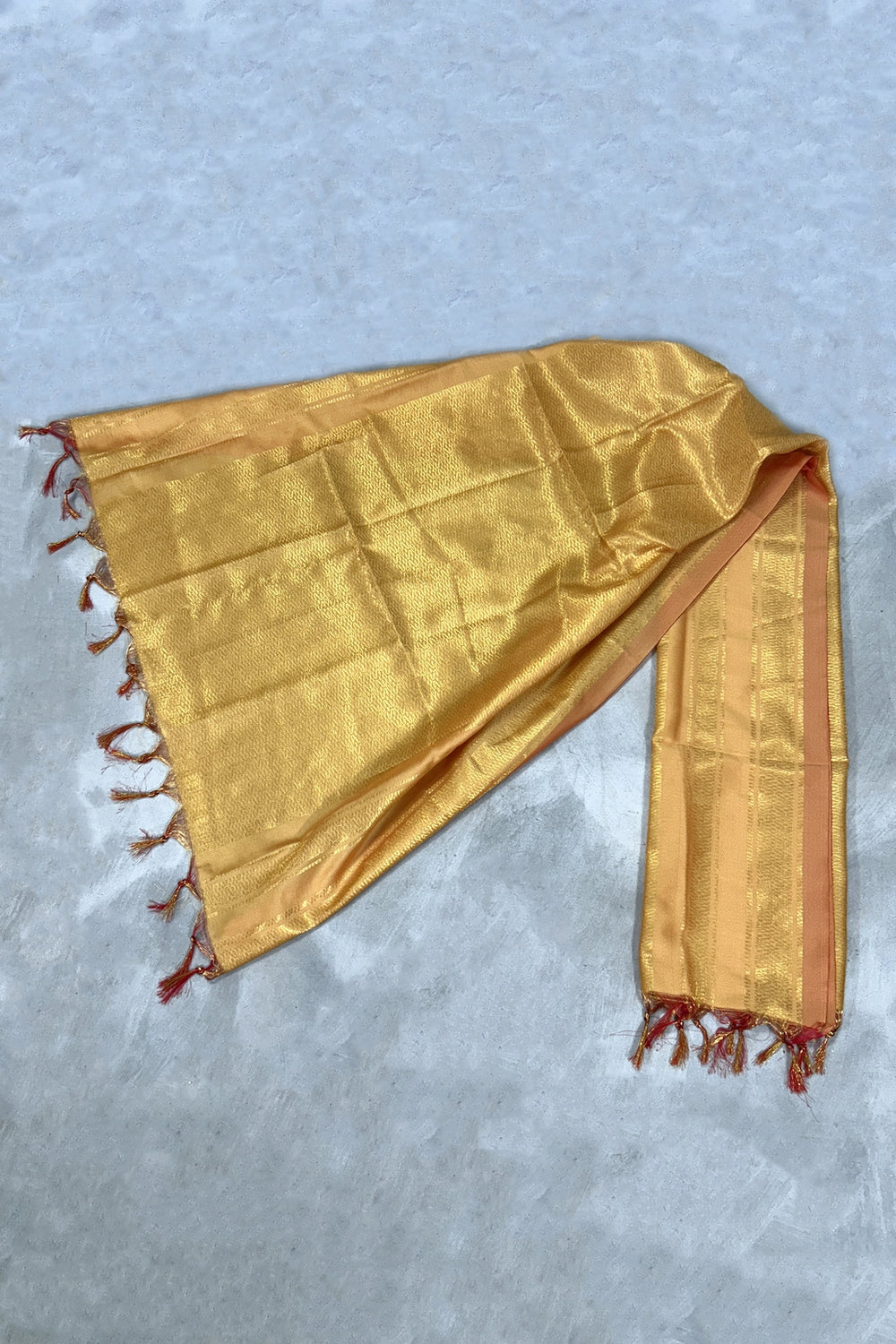 Yellow Ponnadai Poly Silk Jacquard Temple Shawl with Zari Pattern and Tassels | 2 Meter Traditional South Indian Dupatta - Yellow