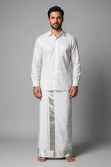 Men’s White Cotton Double Dhoti with Silver Zari Border (4 Metre) - Silver