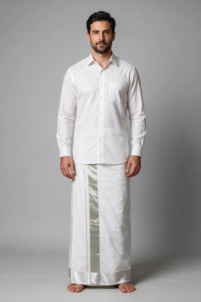 Men’s White Cotton Double Dhoti with Silver Zari Border (4 Metre) - Silver