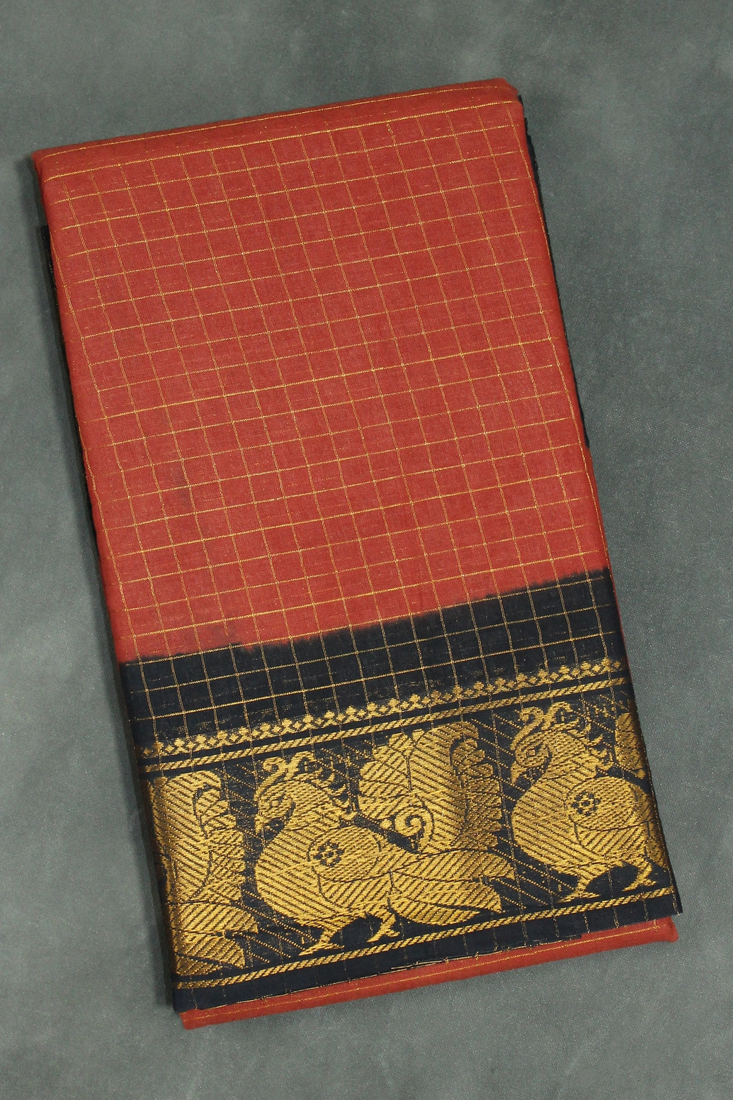 Sungudi Cotton Checked Saree with Peacock Gold Zari Double Border, Blouse Included - Chocolate Brown Saree JCS Fashions Chocolate Brown 5.5 meters