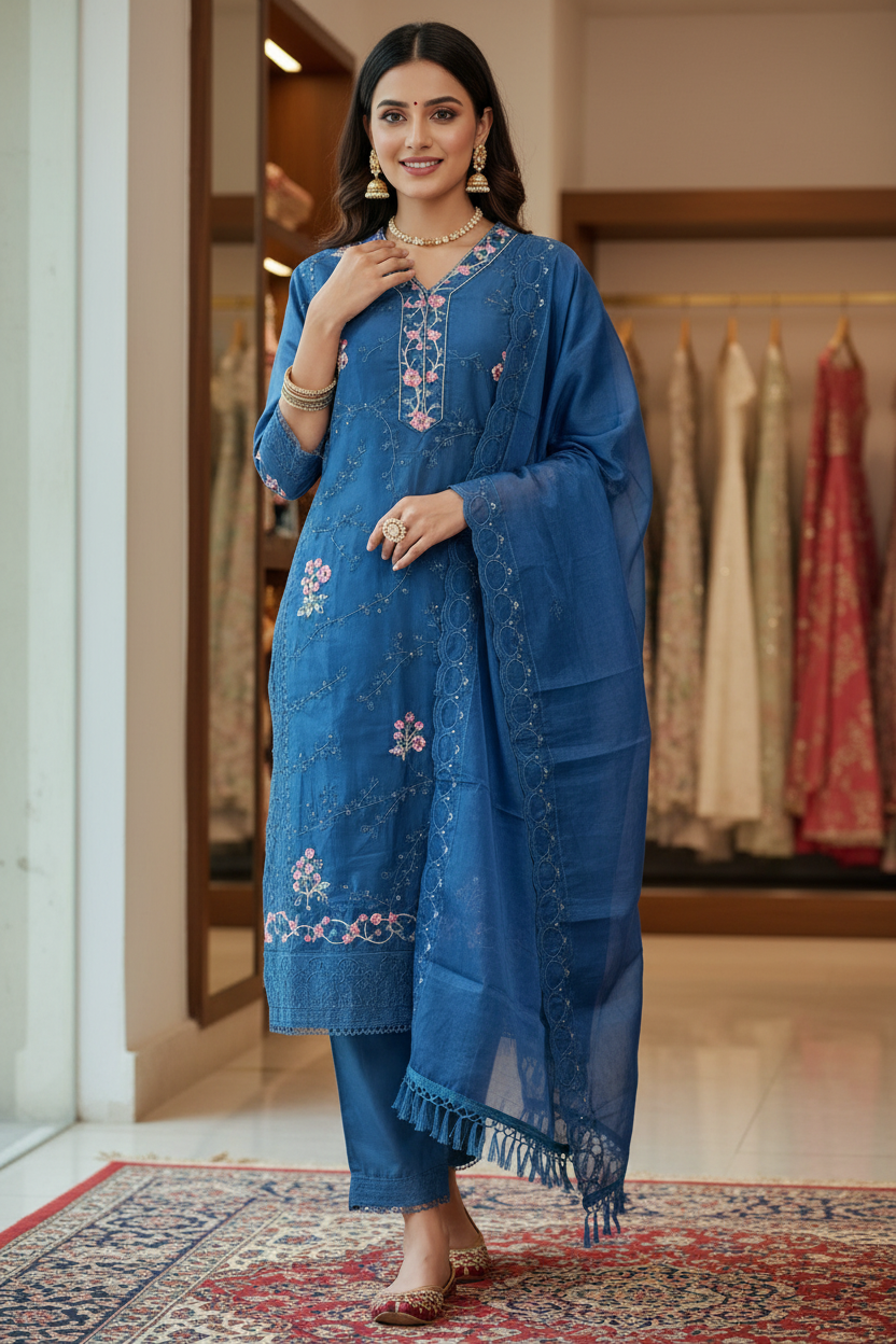 Navy Blue 3-Piece Organza Kurti Set with Khatli Work, V-Neck Embroidery & Sequins, Suit Bottom & Border Dupatta