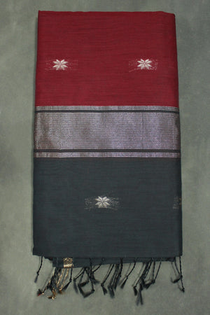 Maroon Maheswari Silk Cotton Saree with Small Butta and Zari Border, Blouse Piece Included