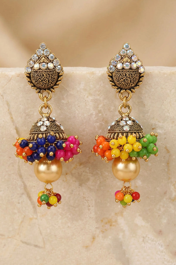 Traditional Multi-Color Jhumka Earrings with Gold-Tone Dome Design and White Stones, Beaded Danglers - Multi color