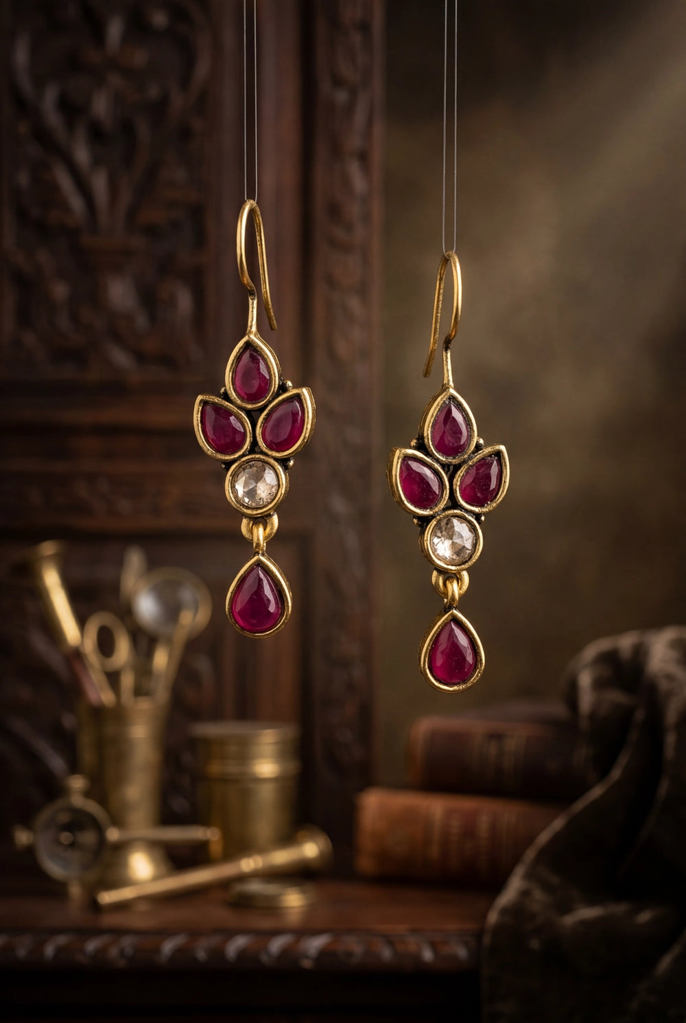 Maroon Stone Drop Hook Earrings, Gold-Tone Teardrop Dangle for Festive Wear - Maroon