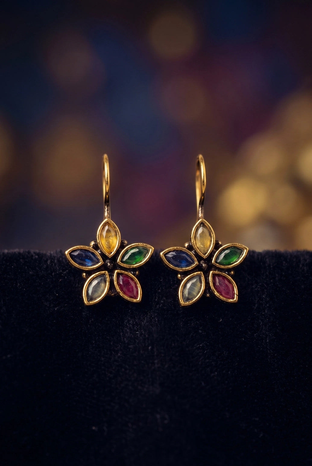 Flower Petal Drop Hook Earrings in Antique Gold Tone with Marquise Stones (Purple, Mint Green, Multi)