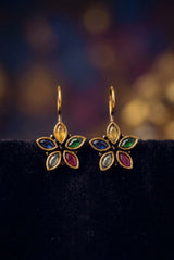 Flower Petal Drop Hook Earrings in Antique Gold Tone with Marquise Stones (Purple, Mint Green, Multi)