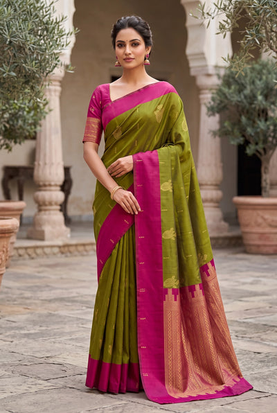 Magenta & Olive Green Soft Silk Saree with Contrast Border and Traditional Motifs - Magenta & Olive Green