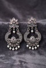 Light Pink Oxidized Silver-Tone Floral Teardrop Stone Pearl Drop Earrings for Women - Light pink