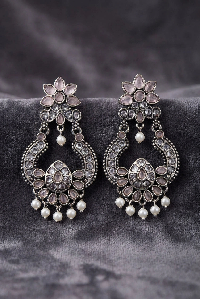 Light Pink Oxidized Silver-Tone Floral Teardrop Stone Pearl Drop Earrings for Women - Light pink