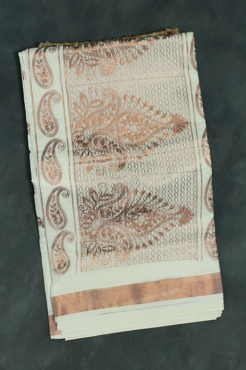 Pure Kerala Cotton Saree with Copper Zari Peacock & Leaf Embroidery, White Body with Traditional Border - White