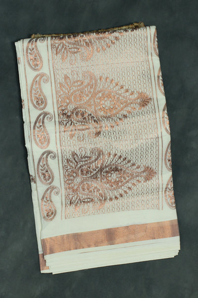 Pure Kerala Cotton Saree with Copper Zari Peacock & Leaf Embroidery, White Body with Traditional Border - White