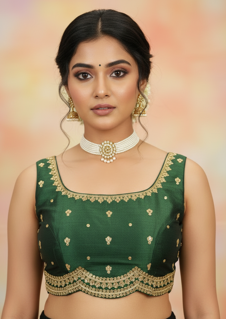 Green Sequin Floral Padded Readymade Blouse, Sleeveless with Back Knot, Fully Stitched Party Wear for Women