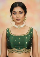 Green Sequin Floral Padded Readymade Blouse, Sleeveless with Back Knot, Fully Stitched Party Wear for Women