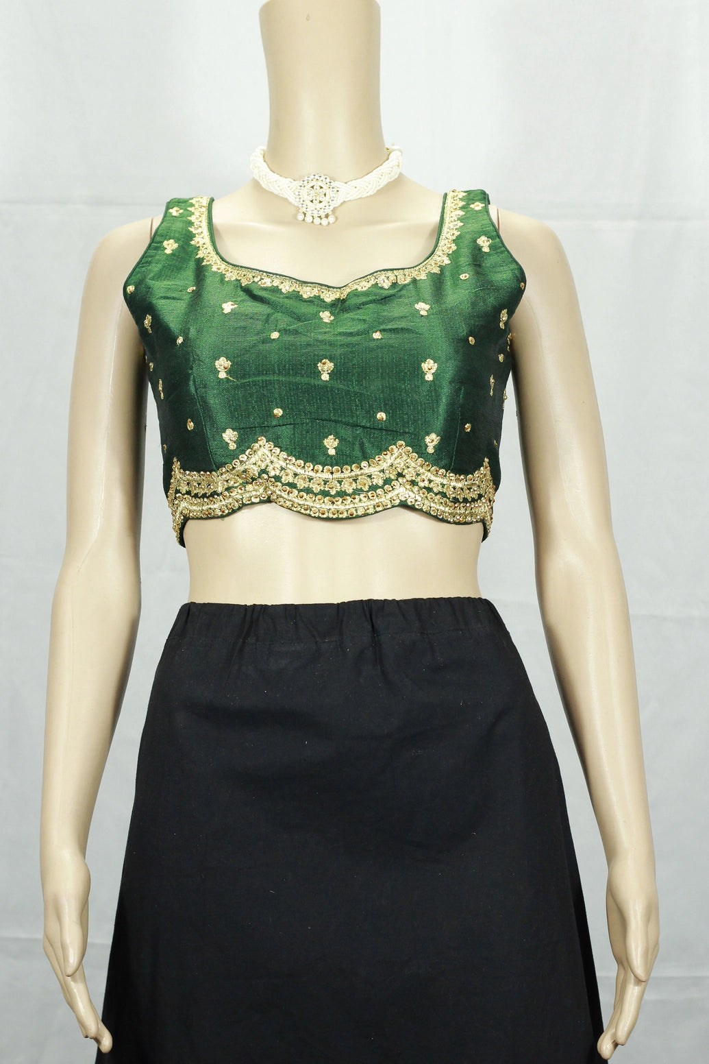 Readymade Designer Padded Blouse, Fully Stitched, Adorned with delicate sequin floral motifs all over, Sleeve less, back knot,   Upper Bust- - Green