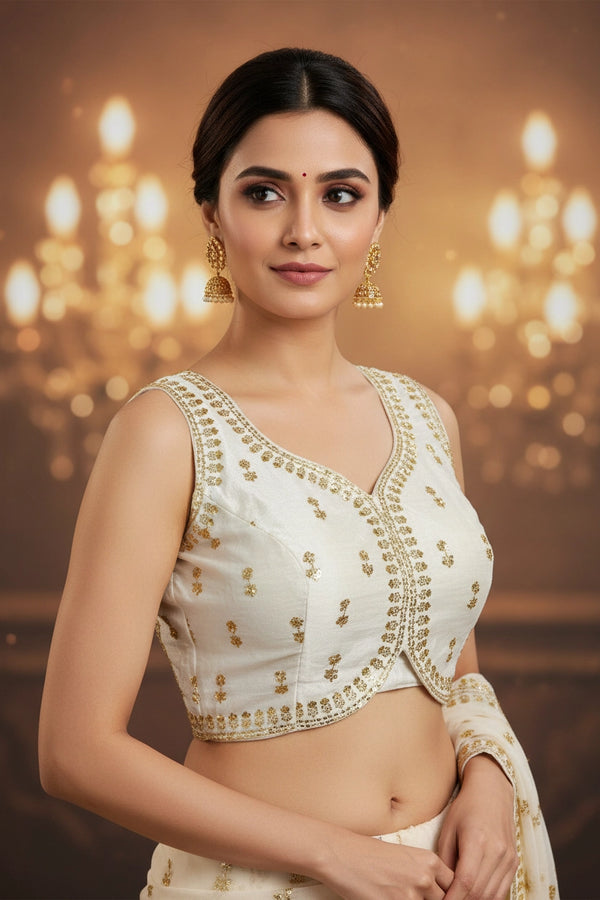White Readymade Padded Blouse with Sequin Floral Motifs, Sleeveless, Back Knot, Fully Stitched for Saree - White