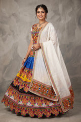 Multi Color & White Navratri Designer Chaniya Choli with Kutchi Mirror Work and Bandhani Lehenga - Multi Color & White