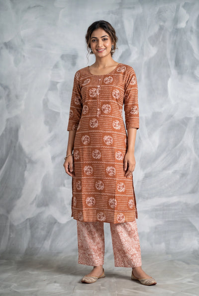 Rust Brown Rayon 2-Piece Kurti Set with Elastic Pants, Floral Foil Print, Round Neck 3/4 Sleeves - Rust Brown