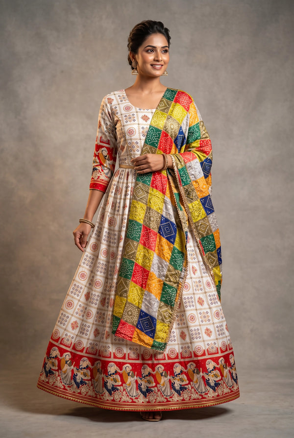 Red Designer Navratri Chaniya Choli with Folk-Art Border and Flared Skirt for Festive Evening Wear - Red