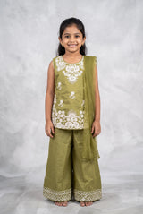 Girls Roman Silk 3-Piece Palazzo Set with Floral Detailing, Sleeveless Top & Dupatta (Pista Green/Pink/Purple)