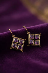 Purple Stone Gold-Tone Square Drop Hook Earrings for Women, Modern Elegant Fashion Jewellery - Purple