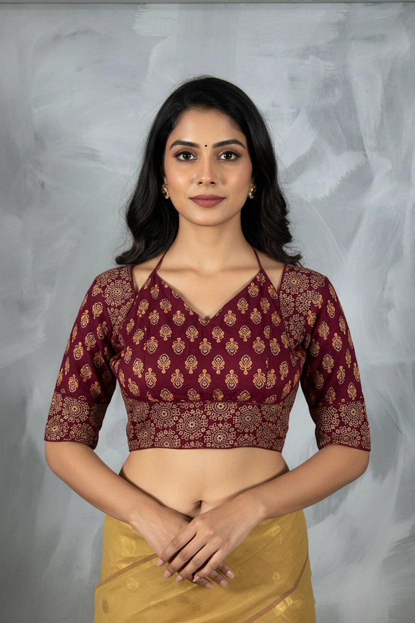 Maroon Floral Ajrakh-Inspired Padded Readymade Blouse with Elbow Sleeves and Back Tie, Fully Stitched Cotton - Maroon