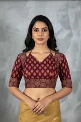 Maroon Floral Ajrakh-Inspired Padded Readymade Blouse with Elbow Sleeves and Back Tie, Fully Stitched Cotton - Maroon