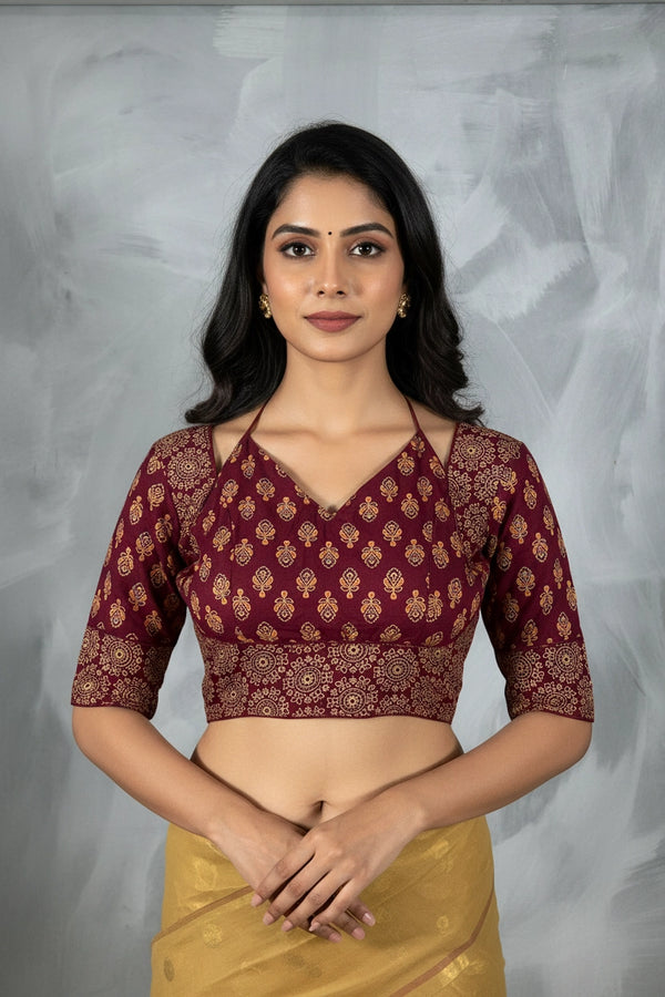 Maroon Floral Ajrakh-Inspired Padded Readymade Blouse with Elbow Sleeves and Back Tie, Fully Stitched Cotton - Maroon