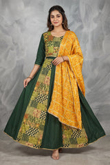 Green Navratri Chaniya Choli Set with Patola Patchwork Print Choli and Flared Skirt - Green