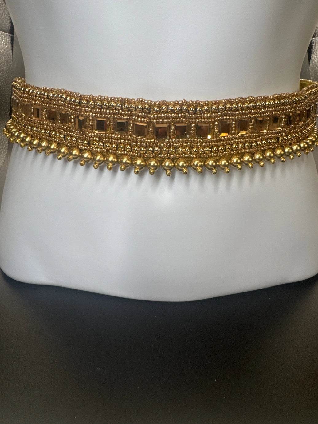 Traditional Gold-Tone Mirror & Bead Embellished Hip Belt (Kamarbandh) - Adjustable Ethnic Waist Jewellery Jewelry JCS Fashions Gold 30 - 34 inches