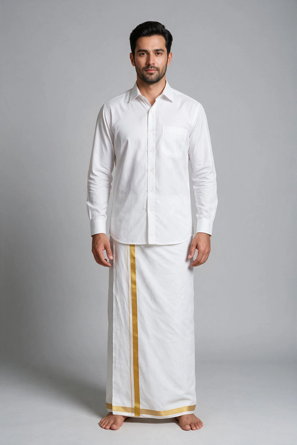 Men White Cotton Dhoti with Gold Zari Border (2 Metre Single Veshti) for Wedding and Festive Wear - Gold