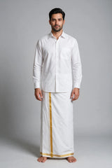 Men White Cotton Dhoti with Gold Zari Border (2 Metre Single Veshti) for Wedding and Festive Wear - Gold