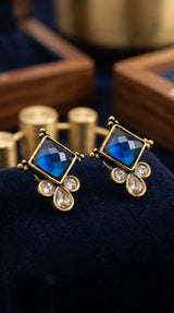 Navy Blue Emerald-Style Square Stud Earrings with Gold-Tone Frame and Crystal Drops - Navy Blue