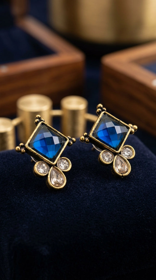 Navy Blue Emerald-Style Square Stud Earrings with Gold-Tone Frame and Crystal Drops - Navy Blue