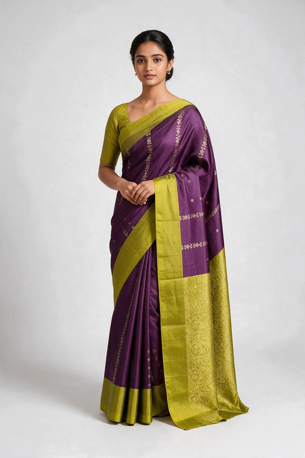 Lavender Soft Silk Saree with Contrast Deep Purple Body and Gold Border - Lavender & Deep Purple