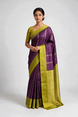 Lavender Soft Silk Saree with Contrast Deep Purple Body and Gold Border - Lavender & Deep Purple