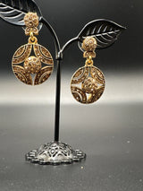 Antique Gold-Tone Dangler Earrings with Brown Stones - Round Filigree Ethnic Drop Earrings (1.5 inch) Jewelry JCS Fashions Gold 1.5 inch