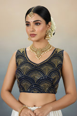 Navy Blue Zari Embroidered Padded Readymade Designer Blouse with Scalloped Pattern and Back Knot - Navy blue