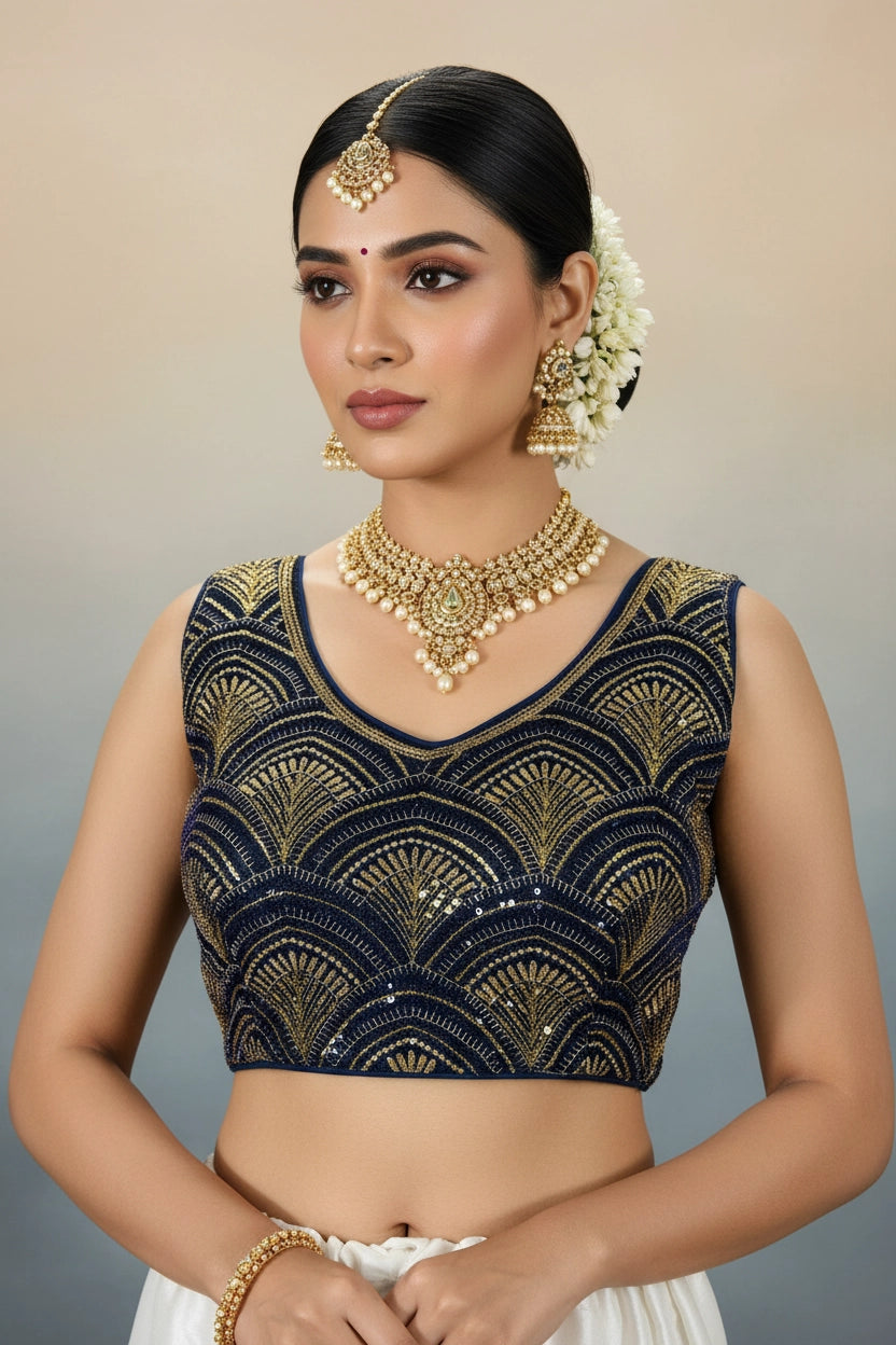 Navy Blue Zari Embroidered Padded Readymade Designer Blouse with Scalloped Pattern and Back Knot - Navy blue