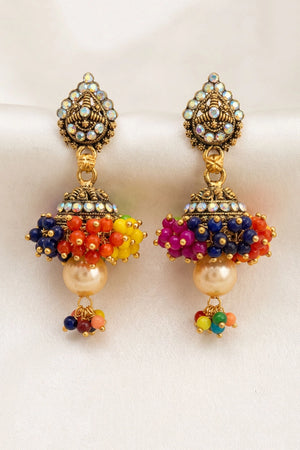 Traditional Jhumka Earrings with Dome Design, White Stone Top, Beaded Chandbaazi & Pearl Drop for Festive Wear