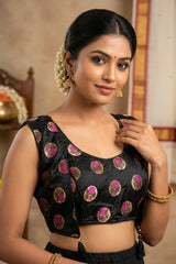 Black Readymade Padded Designer Blouse with Jari Work, Tassels and Back Knot, Elbow Sleeve
