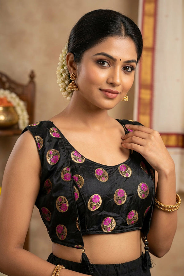 Black Readymade Padded Designer Blouse with Jari Work, Tassels and Back Knot, Elbow Sleeve
