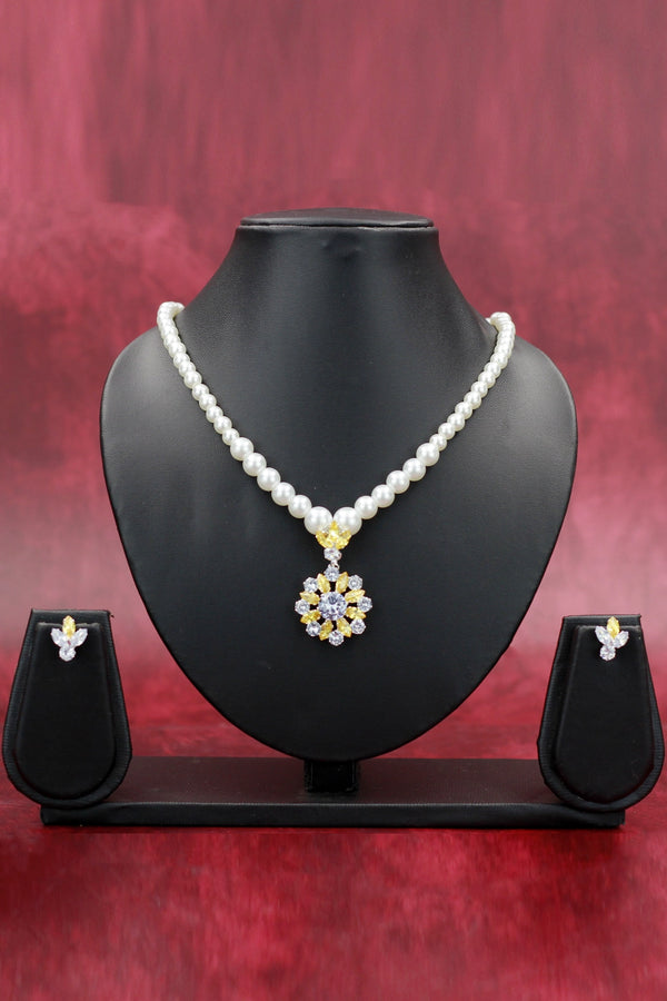 Lustrous Pearl Necklace Set with Crystal Floral Pendant and Earrings - Red/Green/Yellow/Sky/Navy/Baby Pink