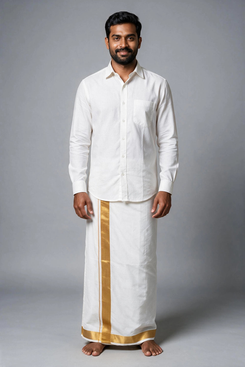 Men's White Cotton Double Dhoti with Gold Zari Border (4 Mtr) - Traditional Wedding & Temple Wear - Gold