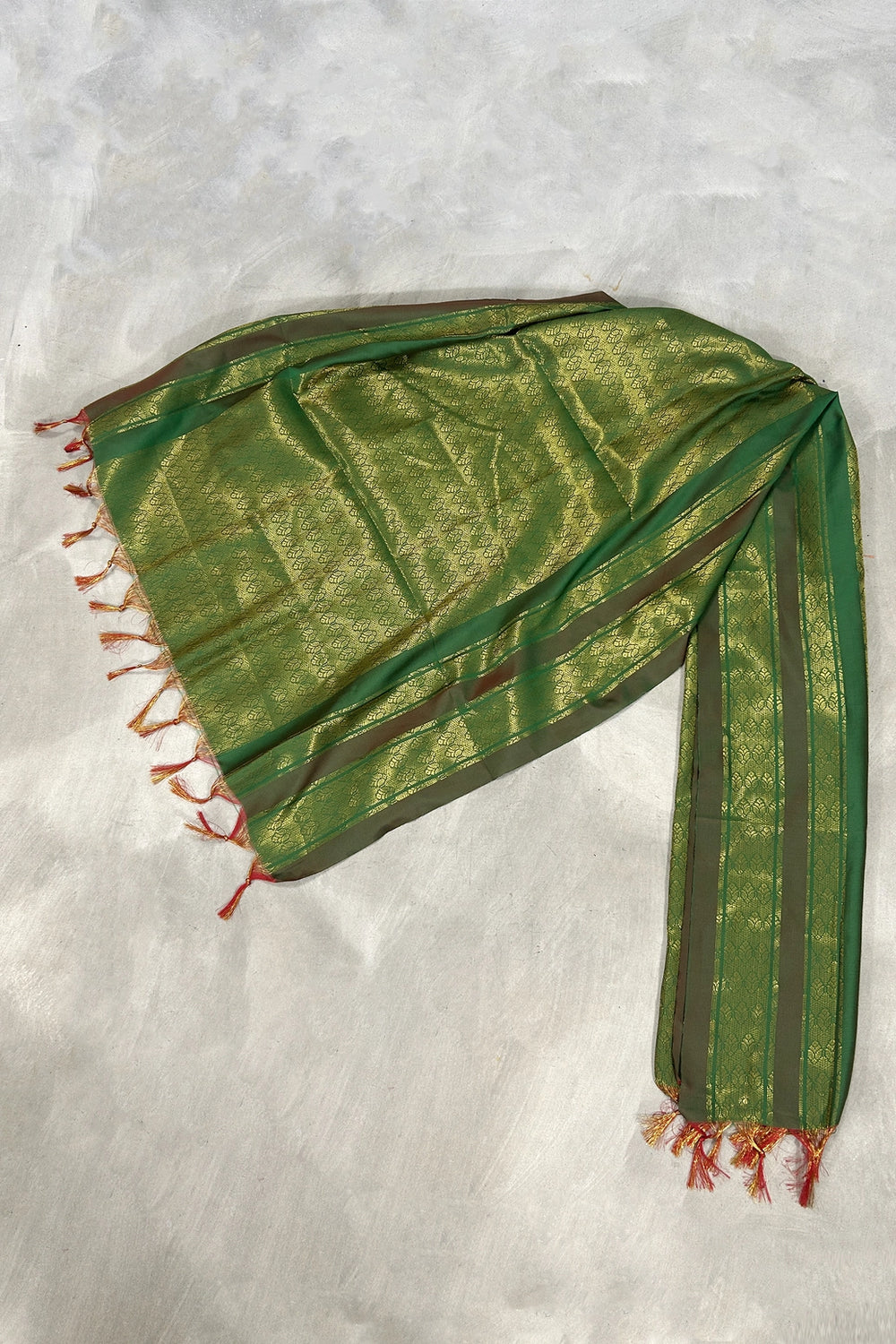 Green Ponnadai Poly Silk Jacquard Temple Shawl with Tassels | 2 Meter Traditional South Indian Dupatta - Green
