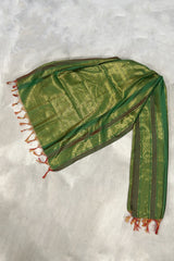 Green Ponnadai Poly Silk Jacquard Temple Shawl with Tassels | 2 Meter Traditional South Indian Dupatta - Green