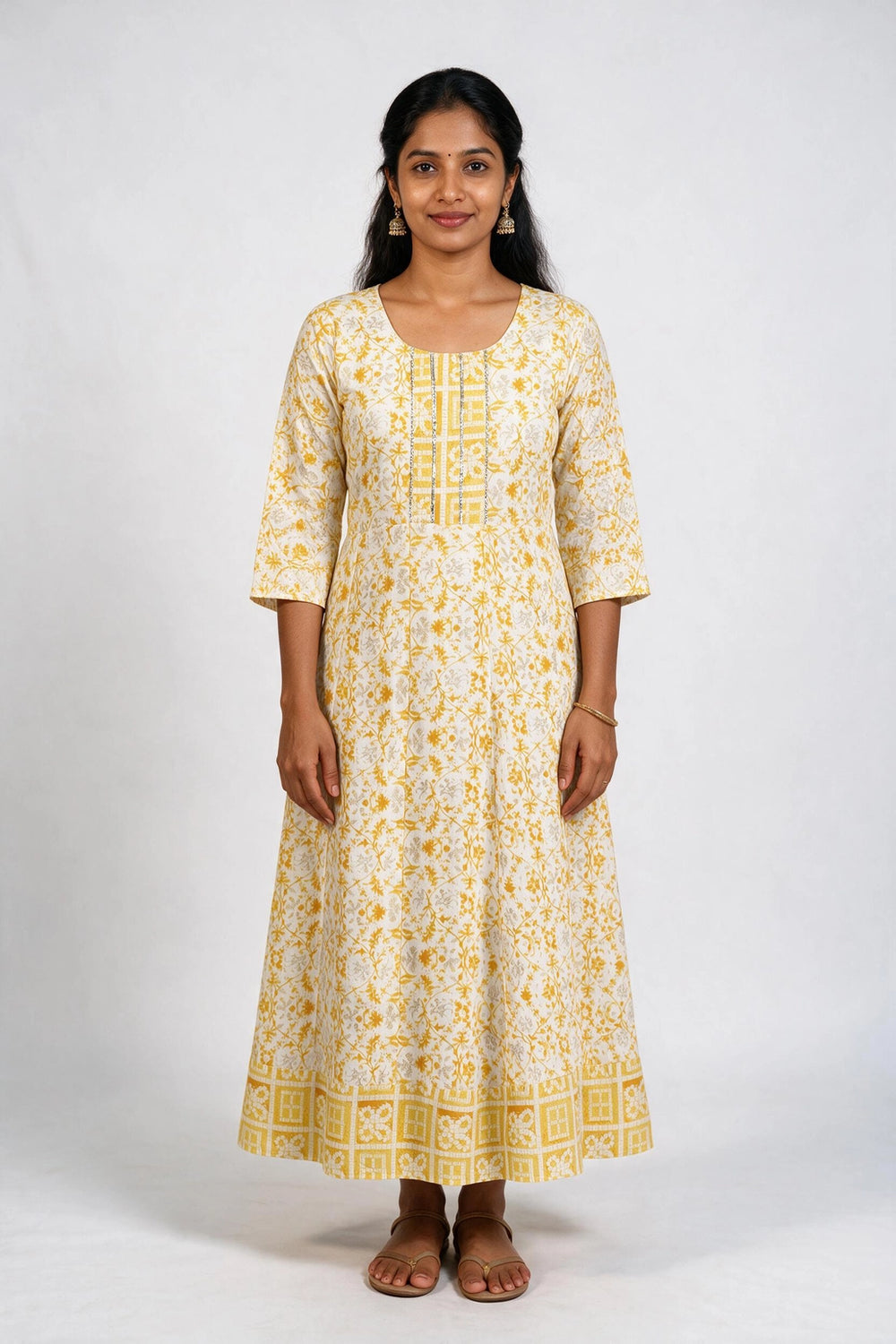 Women’s Yellow Cotton Anarkali Kurti Gown with Dori Design, Geometric Floral Print & Silver Sequin Detail - Yellow