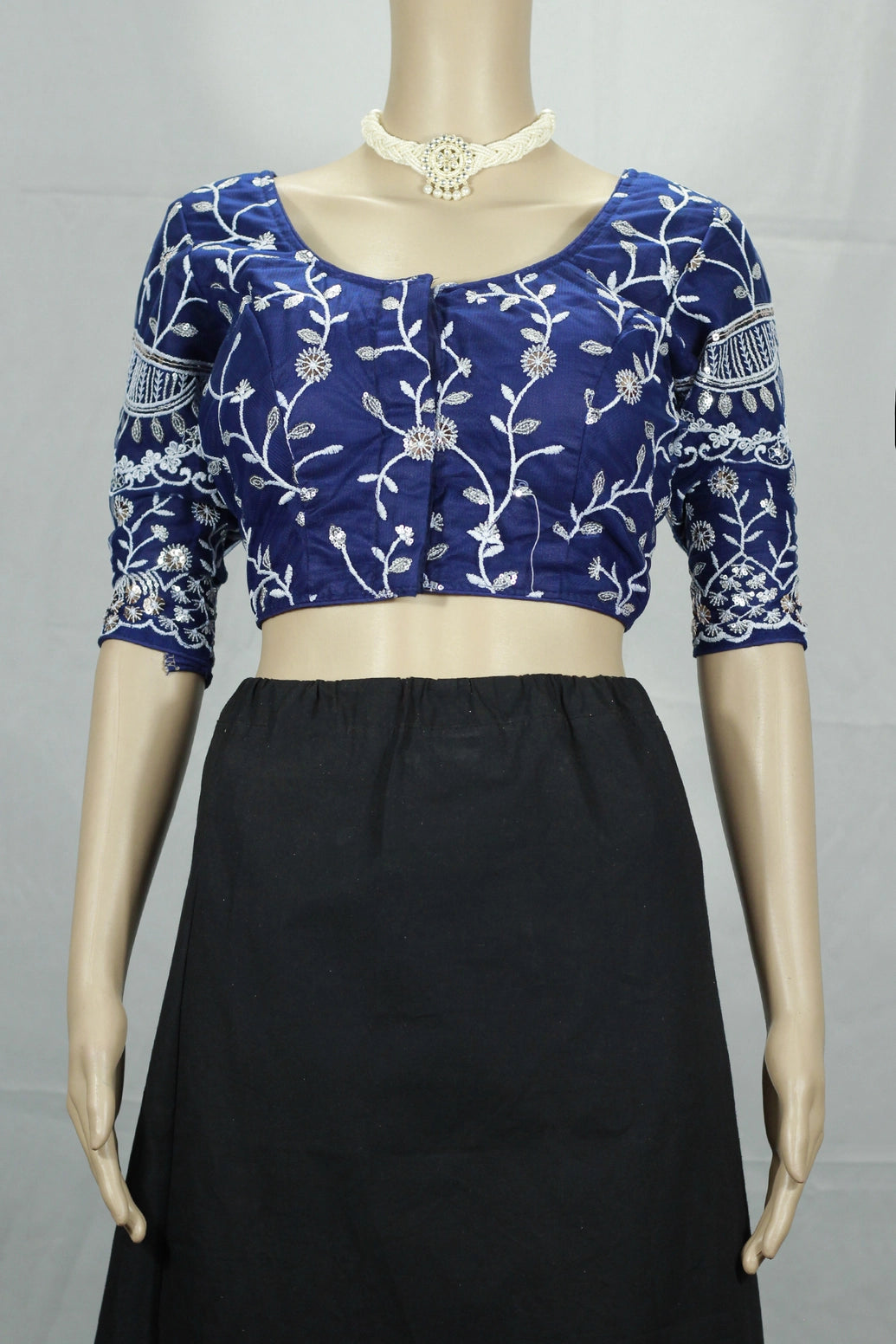 Royal Blue Readymade Designer Padded Blouse with Aari Floral Work, Elbow-Length Sleeves and Back Knot - Royal blue
