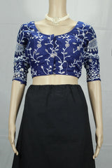 Royal Blue Readymade Designer Padded Blouse with Aari Floral Work, Elbow-Length Sleeves and Back Knot - Royal blue