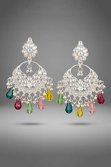 Multi Color Silver-Tone Floral Stud Moon Hoop Earrings with Bead Danglers for Women - Multi color