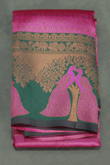 Magenta Pink Kubera Silk Saree with Peacock Design Border and Contrast Pallu for Women - Magenta Pink